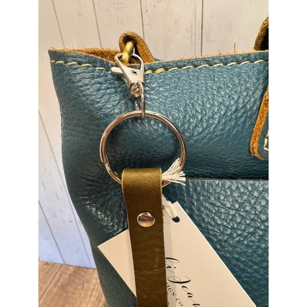 Genuine Leather Round Flower Purse Charm Tan Gold Blue Boho Bag Charm